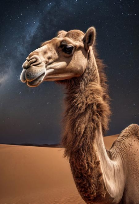 A portrait of a lone camel standing in the Sahara Desert, 
with a dramatic starry sky in the background, 
cinematic, 
cinematic lighting, 
illustration, 
digital painting, 
highly detailed, 
hyper realistic, 
Mysterious, 
Mysterious