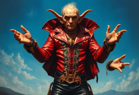 A surreal oil painting in the Raphael Style, infused with a touch of Houdini Style, depicting a Goblin Biker Dugg Charger. The individual is positioned in a dramatic, almost theatrical pose with outstretched arms, as if mid-performance. Their red and black leather ensemble, featuring a meticulously detailed, gold-accented corset and ornate gauntlets, glows with stunning colors. The blue backdrop, subtly adorned with the words ".", blends seamlessly into a dreamlike landscape, creating a Contemporary Aesthetic. The painting exhibits exceptional quality with super detailed face, eyes, and clothes, showcasing handcrafted precision and a powerful message. The impeccable composition, creative angle, and balanced editing are all guided by the Golden Ratio, creating a scene of vivid emotions and joyful impact, suggestive of a fantastical promotional event.