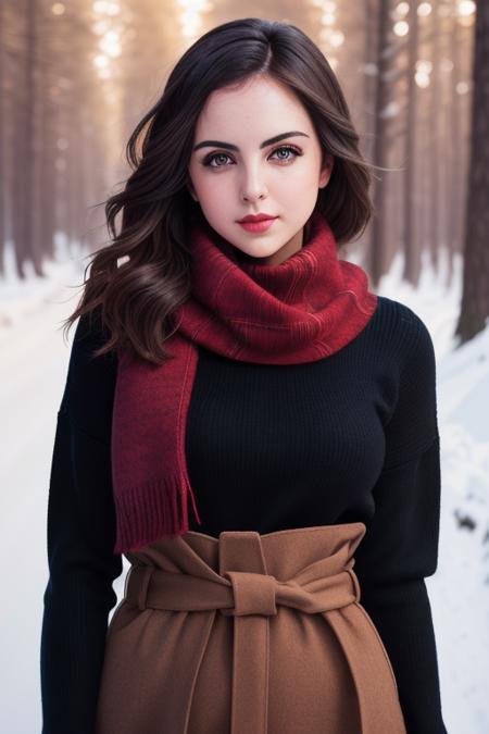 photo of a woman, lizgillies:0.99, ((pale skin)), ((short hair, black hair))((turtleneck sweater dress, scarf):1.2),((cowboy shot, waist, hips, thighs):1.2),((outdoors, snow, forest):1.2),,((red lipstick, eyeliner, eye shadow, blush):1.2), ((best quality, masterpiece, extreme details, high resolution):1.2),((detailed eyes, beautiful eyes, detailed face, beautiful face):1.2), ,modelshoot style, (extremely detailed CG unity 8k wallpaper), photo of the most beautiful artwork in the world, professional majestic (photography by Steve McCurry), 8k uhd, dslr, soft lighting, high quality, film grain, Fujifilm XT3 sharp focus, f 5.6, High Detail, Sharp focus, dramatic