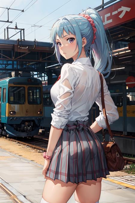 (masterpiece, best quality:1.4), looking at viewer, cowboy shot, saki kawasaki, ponytail, scrunchie, school uniform, white shirt, plaid skirt, kneehighs, train station, outdoors, <lora:saki_kawasaki_v1:0.7>