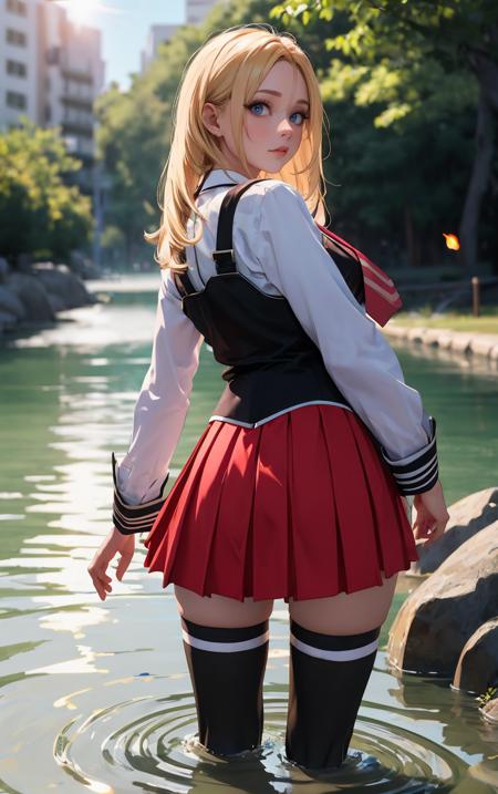 ((masterpiece, best quality)), insaneres, absurdres, solo, outdoors,
CLOTHING_BibleBlack_SchoolDress_ownwaifu, 
1girl, blonde hair,  long hair, blue eyes, 
black vest, red skirt, white shirt, collared shirt, suspenders, school uniform, black thighhighs, zettai ryouiki, necktie, long sleeves, pleated skirt, red necktie, 
(wading, looking back), water,<lora:CLOTHING_BibleBlack_SchoolDress_ownwaifu:0.75>,
lens flare, depth of field, bokeh, embers, vanishing point, looking at viewer,