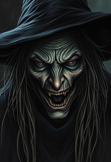 terrifying witch, (Brad Anderson horror style:1.4), unsettling atmosphere, eerie lighting, menacing expression, hollow eyes, (psychological horror:1.3), dark, grim background, haunting shadows, windblown hair, detailed realistic portrait, (high tension, fear-inducing:1.2), intense stare, (masterpiece:1.5), high quality, ultra-realistic, muted color palette
