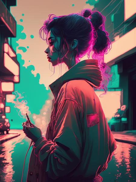 <lora:LiamWong:1>beautiful lo fi woman in minimal clothing smoking on the road, lofi filter, lo-fi details, synthwave, retrowave background, 4k detailed post processing, clean background trending in artstation and pinterest