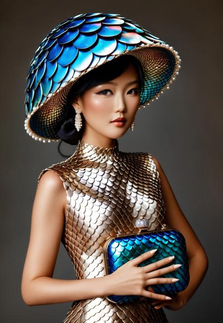 Create a fp1 high fashion editorial photograph of a stunning ((Aiko Tanaka:1.0)), wearing an extraordinary haute couture design crafted from artfully arranged scales. The gown should feature a gradient of scaleboundsdxl iridescent scales ranging from pearl-white to champagne gold at the bodice, transitioning to aquamarine and sapphire blue toward the flowing train. Each scale should be meticulously placed to create organic patterns that accentuate the model's silhouette while catching light in mesmerizing ways. She is wearing an extraordinary hat resembling a scaleboundsdxl jellyfish. The hat should be a masterpiece of avant-garde millinery, crafted entirely from iridescent scales that catch and reflect light in mesmerizing patterns. The dome of the hat should mimic a jellyfish's bell with delicate tendrils of cascading scale-work flowing down around the woman's shoulders and framing her face. Complement the dress with sophisticated accessories including a statement headpiece with delicate scale detailing, sculptural earrings resembling stylized fish fins, and an avant-garde clutch purse resembling a treasure chest adorned with precious scales. The overall composition should evoke the refined aesthetic of Vogue or Harper's Bazaar, photographed with the technical brilliance of Paolo Roversi or Tim Walker, creating an image of absolute luxury and high fashion artistry, fp1, negativeXL_D