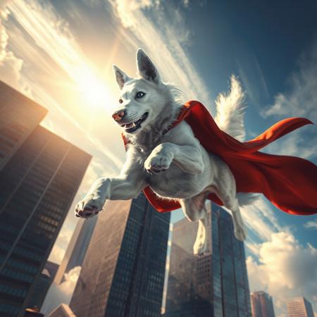 (golden_ratio_spiral) A hyper-realistic digital painting of Krypto the Superdog, depicted as a majestic white canine flying through the sky. Viewed from a dramatic worm’s-eye angle, his red cape flaps heroically in the wind. His muscular form and pristine white fur gleam in the sunlight as he soars with focused intensity. Towering skyscrapers loom in the background, emphasizing his altitude and scale. The sky is vibrant with streaks of clouds and golden sunlight breaking through, capturing the essence of a true airborne protector.