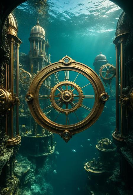 Underwater steampunk city, 8K, photorealistic, ((masterpiece, hyper-detailed)), crystalline waters, brass and copper structures, highres, ultra-sharp focus, A vast submerged metropolis of Victorian-era buildings and clockwork mechanisms. Design a minimalist logo inspired by the BTS logo. It features two vertical, symmetrical, sleek trapezoid shapes side by side, resembling doors that open toward the future. The words "NALOESIG BTS ARMY" on text completes the bts logo, The design should have a modern, polished, and simple aesthetic. Use a purple and metallic color palette, such as black, silver, purple and white. The shapes should look futuristic