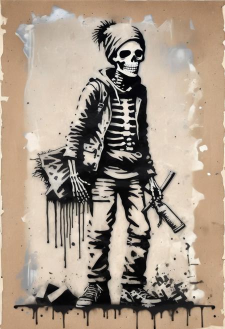 <lora:Banksy Style:1> Banksy Style page, banksy stencil print of a homeless punk skeleton wearing a  robber mask over his mouth, simple background