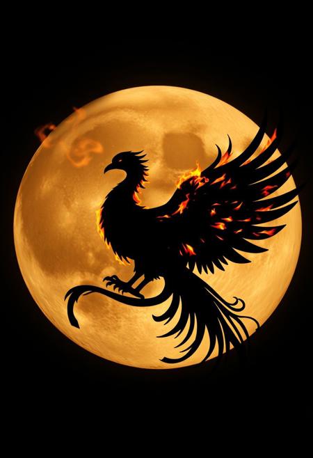 Silhouette of a burning phoenix on the moon