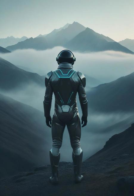 (Minimalist wide angle movie still), man in a futuristic suit, mountains, north nature, muted tones, warm light, cold colors, low contrast, foggy