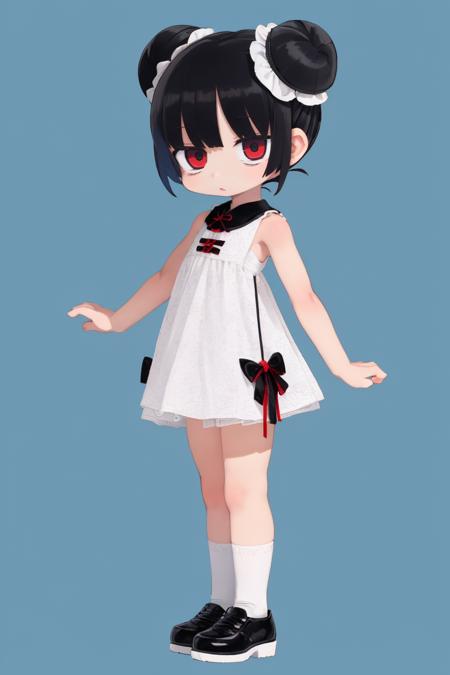 blue background,simple background,full body,solo,(1girl:1.2),little girl,black hair,Double Buns,white china minidress,Red (pattern:1.2)