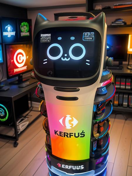 kerfusrobot rgb gaming robot standing in a gamer's room, high quality, high resolution, intricate detail, very sharp, professional photography <lora:hjkerfusrobot_v11:0.7>