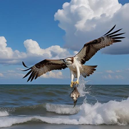 close-up osprey eagle in flight rushing into the sea, blue sky background with cumulo-nimbus cloud, photography very realist