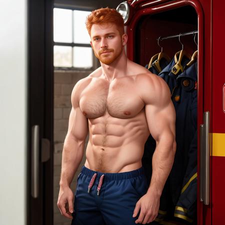 a male 22 years old firefighter man taking off clothes at the fire-station, seductive facial expression, ginger hair, medium beard, hairy body, sweat on body, firefighter uniform, firefighter gear, pulled down pants, dynamic pose, staring at a viewer, natural lighting, natural shadows, reflections,  4K, HDR, highly detailed, ray tracing, reflections,