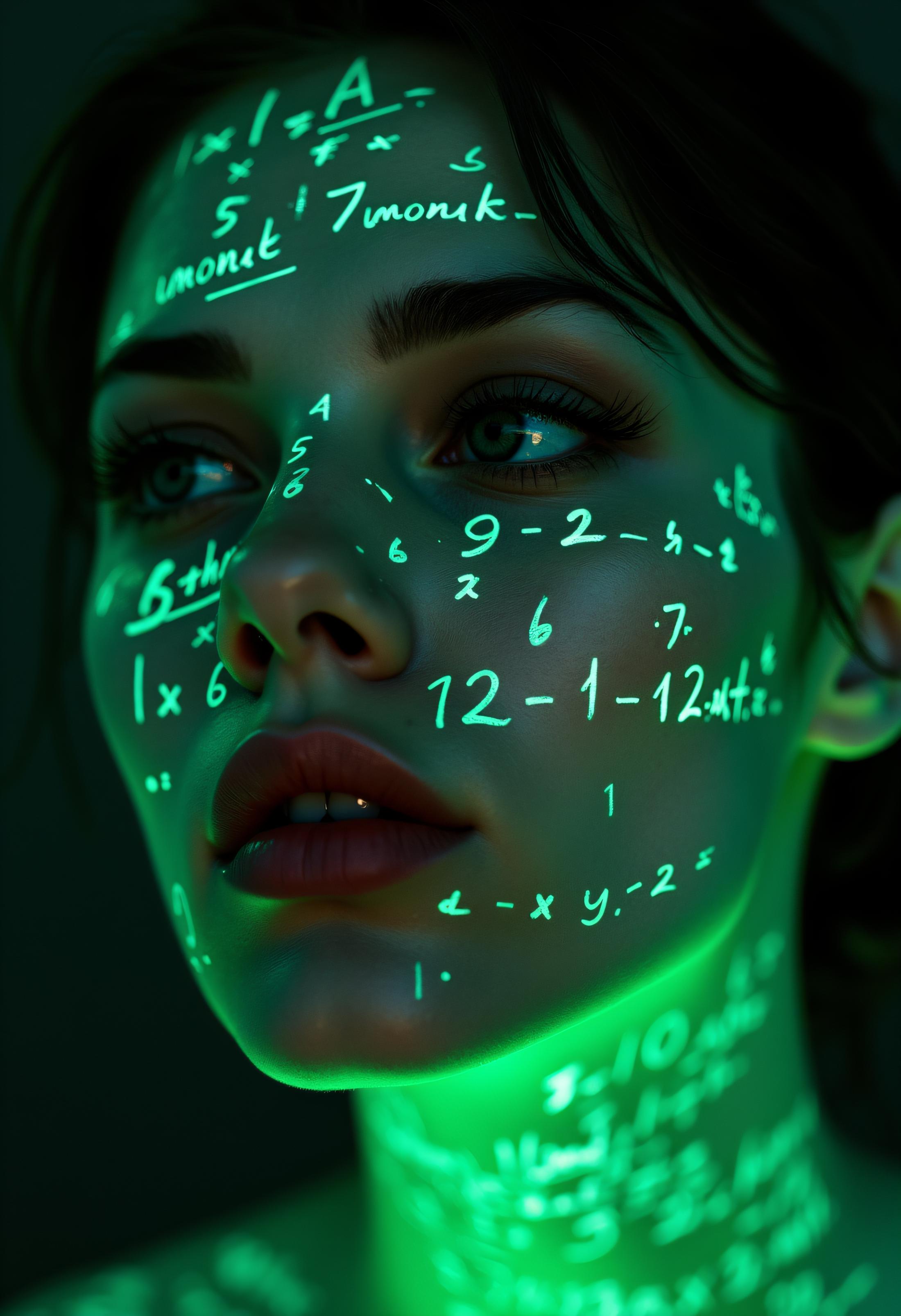 Close-up of woman's face, glowing green holographic equations projected onto skin. Intense gaze, realistic features. Dark background, cyberpunk aesthetic. Luminous mathematical formulas, handwritten style. Futuristic, high-tech atmosphere. Photorealistic rendering, dramatic lighting, sharp contrast