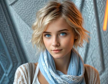 Real photo of a 18 years old girl with short dirty blonde messy hair and striking blue eyes, dressed in a light, off-white, lace-patterned top and a light blue, soft scarf. Her head is tilted, slightly smiling, languidly dreamy and questioning facial expression. Her light blue eyes looking at the viewer drawing into the scene, closed mouth. The setting is a futuristic, gray, and white interior, possibly a spaceship. The background displays intricate metallic panels with a pattern of diagonal lines. Subtle orange highlights/light sources suggest a studio-type lighting not harsh.  Realistic style, conveying a sense of attention to detail in her facial features and the textures of clothing and background.  A device is clipped to her right side, close to her ear.  The light should be soft and controlled, highlighting the girl's features, not drawing attention to harsh shadows.  The colors should be vibrant.
The overall visual quality is of a high budget scifi movie.
