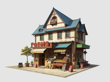 HEZI,Game single building scene,best quality,highly detailed,masterpiece,ultra-detailed,illustration,yishuhui,architecture,no_humans,solo,outdoors,food,tree,window,umbrella,((hot dog)),chair,table,plant,building,scenery,smoke,sign,potted_plant,bench,lamppost,shop,vending_machine,storefront,<lora:20231226-1703586512255-0005:0.6>,