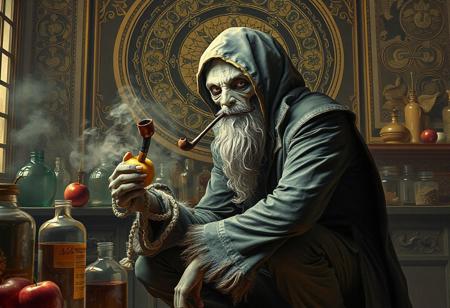 "Create an ultra-detailed, lifelike portrait of an Illusionist Faceless Mage in a laboratory setting, with a theme of 'Contagion of Madness'. The Mage should be in a t-pose, squatting down with a smoking pipe in hand and an apple in the other. Aim for a golden ratio composition, with intricate details, high face symmetry, and a decorative background inspired by European and Japanese motifs. The style should resemble works by Greg Rutkowski, Alfonse Mucha, and James Gurney. Present the final piece in 8K resolution with pleasant lighting and subtle chromatic aberration effects."