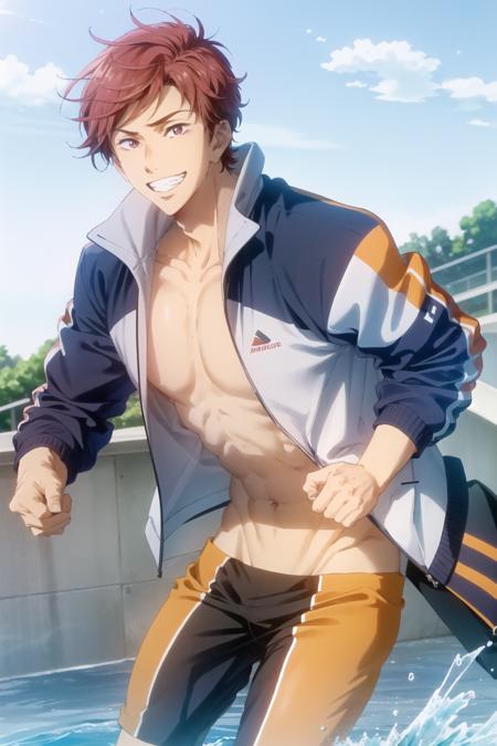 shiina asahi\(free!\), solo, 1boy, looking at viewer, purple eyes,  red hair, male focus, grin, male face, two-tone  jacket, blue jacket, white jacket, two-tone legskin, black legskin, orange legskin, topless male, open clothes, open jacket,  navel, toned, toned male, water