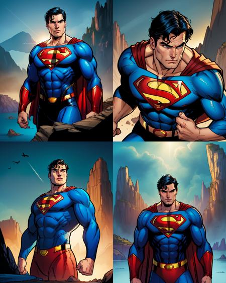 superman, pretty, black hair, dynamic lighting, upper body, island background, 2D flat, colored illustration, graphic novel style, cross hatching, inked, comic style, sharp, extreme detailed, HD, HDR, 4K, masterpiece, high quality, high resolution, breathtaking, award-winning, professional