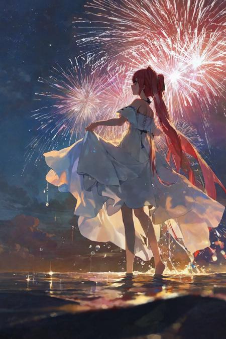 best quality, aesthetic, detailed, by modare, 1girl, solo, photorealistic, from behind, standing, wading, long hair, very long hair, twintails, dress, white dress, fireworks, night, sky, night sky, water, star \(sky\), flower, outdoors