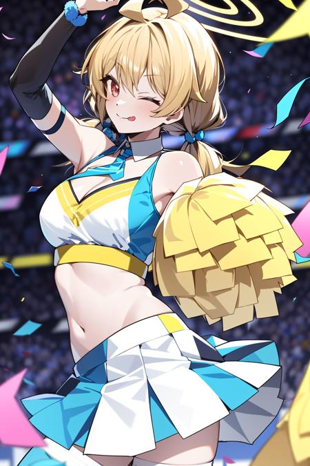 -1girl, pom pom (cheerleading), one eye closed, skirt, blonde hair, tongue, breasts, solo, tongue out, cheerleader, holding pom poms, confetti, halo, hibiki (blue archive), twintails, cleavage, looking at viewer, ahoge, red eyes, pleated skirt, hibiki (cheerleader) (blue archive), white skirt, crop top, low twintails, blurry, medium breasts, holding, bangs, smile, miniskirt, ;p, cosplay, short twintails, midriff, bare shoulders, blush, navel, short hair, official alternate costume,Energetic girl,