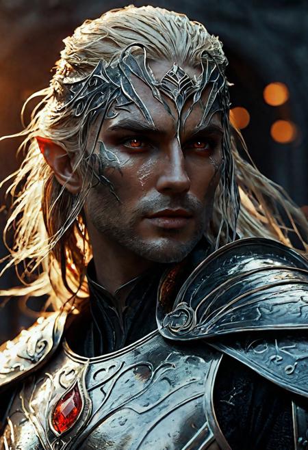 High resolution ultra-realistic of Beautiful sinister Sauron, 8k, capturing the intensity of the moment, cinematic lighting, standing on a bloody and turbulent battlefield in a bloody battle, wavy blonde hair, realistic dirty pale face, realistic red eyes, burning in a fantasy Town, intricately designed cloth white robes, fantasy LOTR Aesthetic, perfect athletic male figure, beautiful Sauron, ultra realistic, cinematic style, vigorous and seductive male. athletic male figure, dark fantasy style, dramatic lighting, wet and sweaty skin, dirty skin, athletic figure, dark fantasy, dramatic lighting, Greg Rutkowski style, Sauron on in armor, hyper-detailed, hyper-realistic, natural light, extremely intricate details, masterpiece, epic, bright colours, Attractive 25 old years men, Attractive, sharp focus, digital painting, Photograph Taken on Nikon D750, Alphonse Mucha, 8K, athletic figure, Hyperdetailed, hyperrealism, Attractive, Attractive bust girl, asymmetric balance