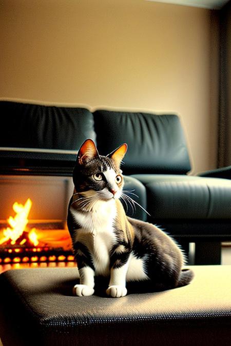 a cat smoking a cigar, sitting on black couch, fireplace,<lora:vhs:1>