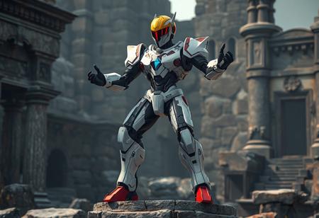 A Cyber Soldier of Darkworld robot, stark white armor with crimson & sapphire accents, black limbs, vibrant yellow head, ruby visor, geometric blue/white chest, scarlet feet. Heroic stance, arms posed for action, balanced posture on an ancient stone plinth. Amidst the mystic ruins of TheSecret Village of the Spellcasters. Poised stillness charged with latent energy. Cinematic lighting, Octane Render, Unreal Engine 5, Photorealistic, trending on ArtstationHQ, CGSociety, 4K, HDR, Sharp focus, Dynamic Angle, Golden Ratio, Matte Painting, Splash Ink style. Detailed, high quality, intricate.