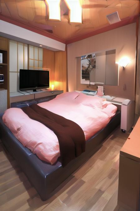 masterpiece, best quality, ultra-detailed, illustration,
lovehotel, LHbedpanel, bed, indoors, scenery, lamp, bedroom, television, pillow, monitor, cabinet, light, window, door, table, wooden floor, 
 <lora:LoveHotelV7_1.0_MIDD:1>