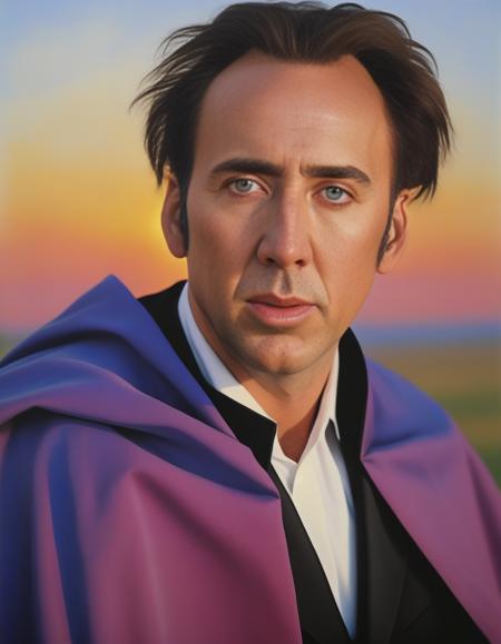 NicolasCage,<lora:NicolasCageSDXL:1>, portrait,close up of a stout Basque Male, very Disgusting, Nuncio, Movement pose, his hair is Rainbow, Lip Ring and Cape, at Golden hour, Wide view, Fine art, Fairy-Tale, 80mm, most beautiful artwork in the world