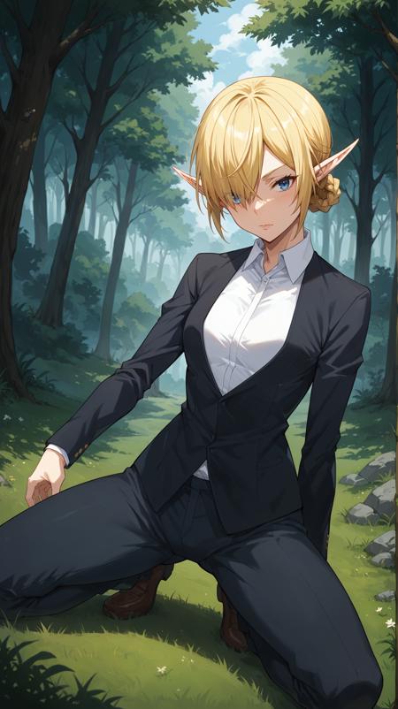 blonde hair hair up braids pointy ears elf ears hair over one eye blue eyes white collared shirt black suit suit jacket suit pants