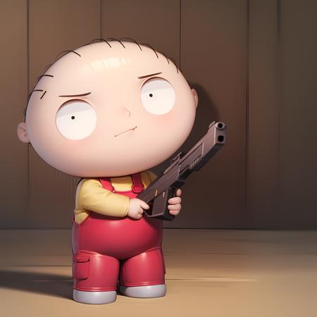 ((masterpiece, best quality)),(complex light), 1boy, solo, baby, stewie griffin, <lora:Stewie_Griffin1-10:0.6>, yellow shirt, red overalls, holding weapon, holding gun,