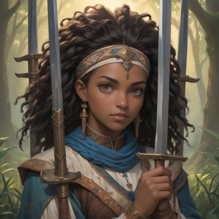 Create a portrait of a strong African American woman, centered in a 1024px image, with an angular asymmetrical design. She should be holding two swords and have two long blue braids, with a headdress that is also centered. The background should feature an Erosion Hand Forest with tall grass and godrays, with soft lighting reminiscent of the work of John Harris, Andrei Riabovitchev, Marc Simonetti, yoshitaka Amano, and Thomas Kinkade.