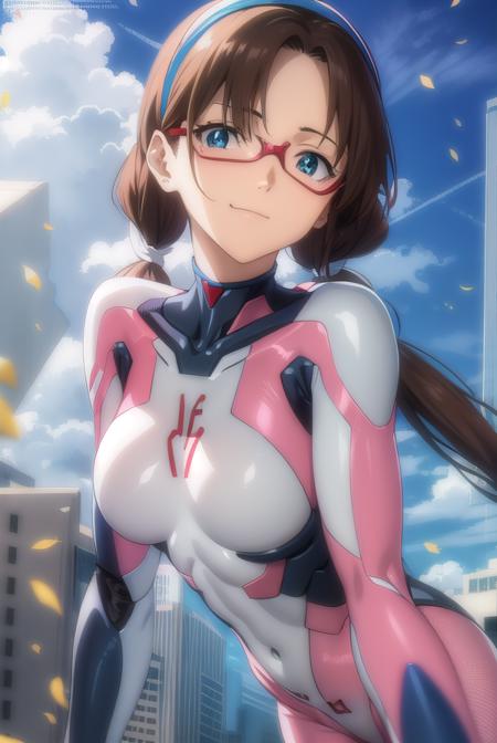 marimakinami, <lora:mari makinami rebuild-lora-nochekaiser:1>,
mari makinami, long hair, brown hair, twintails, (low twintails:1.5), hairband, blue hairband, blue eyes, (parted bangs:1.5), smile,
BREAK bodysuit, mecha, science fiction, red-framed eyewear, pilot suit, plugsuit, pink bodysuit,
BREAK outdoors, city, sun, sky, clouds,
BREAK looking at viewer, (cowboy shot:1.5),
BREAK <lyco:GoodHands-beta2:1>, (masterpiece:1.2), best quality, high resolution, unity 8k wallpaper, (illustration:0.8), (beautiful detailed eyes:1.6), extremely detailed face, perfect lighting, extremely detailed CG, (perfect hands, perfect anatomy),