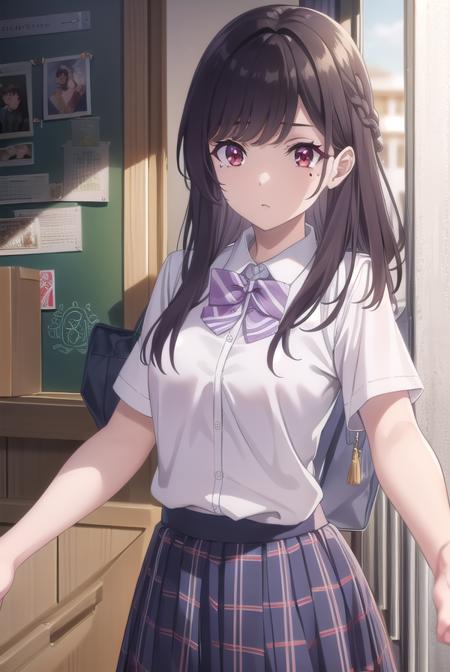 mariakurose, <lora:maria kurose s1-lora-nochekaiser:0.8>,
maria kurose, long hair, black hair, (red eyes:1.3), mole, mole under eye,
BREAK skirt, shirt, bow, school uniform, white shirt, short sleeves, pleated skirt, bowtie, plaid, plaid skirt, purple bow,
BREAK indoors, classroom,
BREAK looking at viewer, (cowboy shot:1.5),
BREAK <lyco:GoodHands-beta2:1>, (masterpiece:1.2), best quality, high resolution, unity 8k wallpaper, (illustration:0.8), (beautiful detailed eyes:1.6), extremely detailed face, perfect lighting, extremely detailed CG, (perfect hands, perfect anatomy),