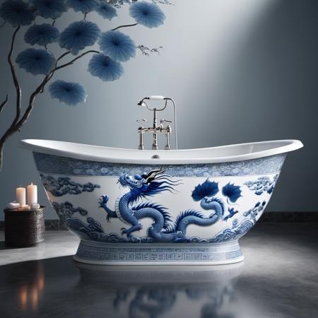 blue and white porcelain,bathtub,,(dragon:1.1),(lotus pattern:1.1),<lora:20231026-1698317787466-0012:0.85>,