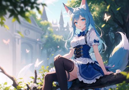 1girl, solo, (full body:1.1),
sitting on branch, outdoors,
blue hair, animal ears, animal ear fluff, fox girl, alice \(alice in wonderland\), thighhighs,  medium breasts,
butterfly, fantasy, magical, flower,, masterpiece, best quality,, ray tracing, Tyndall effect,  depth of field, blurry background, blurry foreground, light particles, reflection light, rim light, bloom effect,