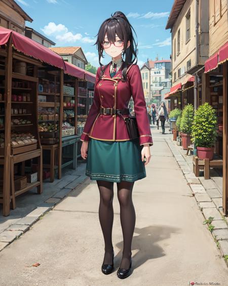 best quality, (masterpiece:1.2), illustration, absurdres,
(1girl), (solo), (beautiful detailed girl), full body shot,,
<lora:Dorothee-07:0.7>, Dorothee, black hair, ponytail, long hair, grey eyes, red glasses, messy hair, (tired, bags under eyes:1.1)
red jacket, green skirt, pantyhose,
looking at viewer, smile,
medieval marketplace, marketplace plaza, medieval buildings, tavern, cobblestone street,