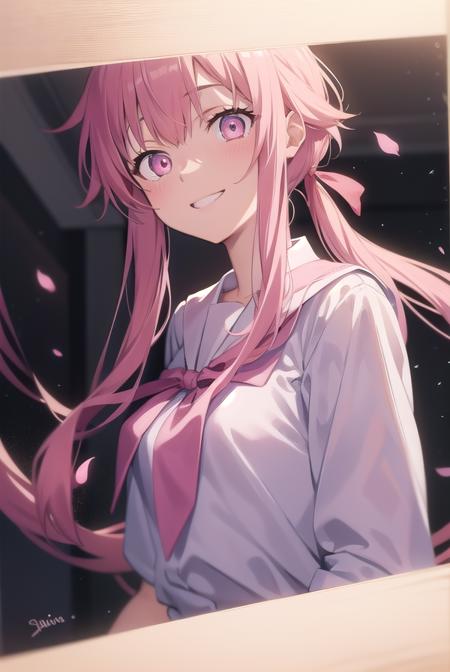 yunogasai, <lora:yunogasaitest:1>, yuno gasai, long hair, (pink eyes:1.5), pink hair, smile, grin, low twintails,
BREAK school uniform,
BREAK indoors, classroom,
BREAK looking at viewer, BREAK <lora:GoodHands-vanilla:1>, (masterpiece:1.2), best quality, high resolution, unity 8k wallpaper, (illustration:0.8), (beautiful detailed eyes:1.6), extremely detailed face, perfect lighting, extremely detailed CG, (perfect hands, perfect anatomy),