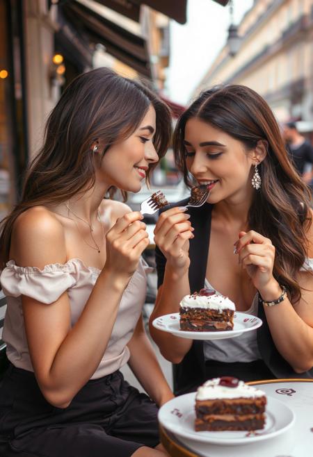 two stunningly beautiful women, 25yo,  lovingly feeding each other forkfuls of chocolate cake while sitting at an outdoor Parisian cafe