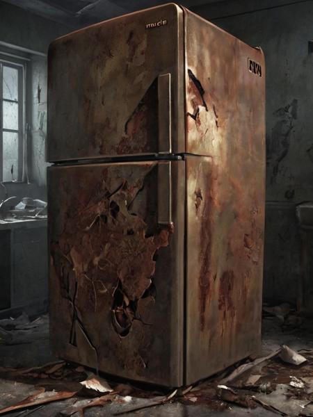 mkitdecy, drawing, of a rusty decayed fridge full of broken fail, kitchen, foul,  deep shadows, high quality, high resolution, cinematic, dark, <lora:- SDXL - mkitdecy_let_it_decay_V1.0:.7>