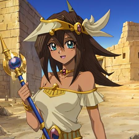 Mana, anime, yu-gi-oh! duel monsters,1girl, best quality, Egyptian, tan skin,  green eyes, stone structure, stone building, smile, (standing), magic, looking at viewer,  arms at sides,  holding magic staff