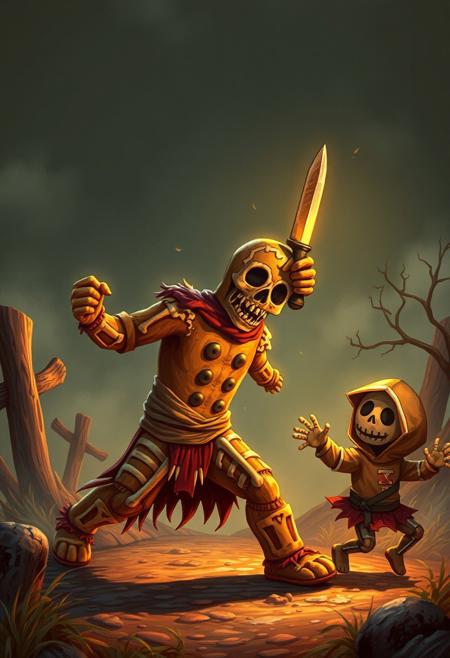 Gingerbread man hallowen skeletor  g with a knife in his hand chasing a child