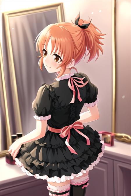 abe nana, 1girl, black thighhighs, blurry, blush, cellphone, chair, cosmetics, cowboy shot, depth of field, dress, dressing room, frilled dress, frills, hair ribbon, layered dress, looking away, looking back, mirror, neck ribbon, orange hair, parted bangs, patterned clothing, pinafore dress, ponytail, puffy short sleeves, puffy sleeves, ribbon, ribbon trim, short sleeves, smile, solo, thighhighs, zettai ryouiki
<lora:deresute-000016:1>