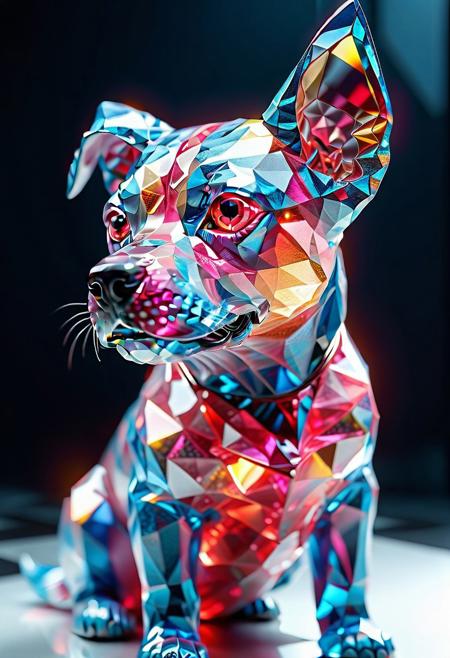 Ultrarealistic. sharp focus, dynamic lighting. play of light, reflection, refraction, Raytracing, Ultra detailed. crystalized. A blue dog made of rp_slgd.