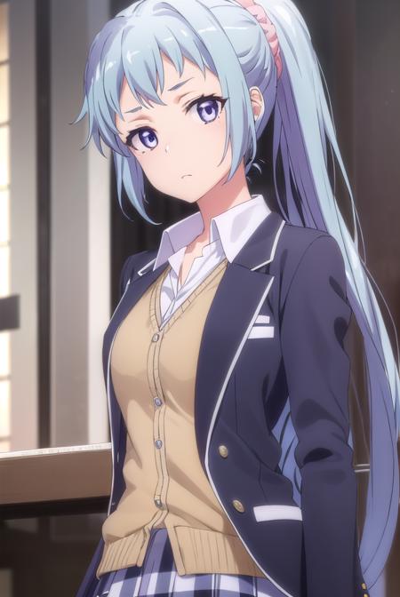 sakikawasaki, <lora:saki kawasaki s2s3-lora-nochekaiser:1>,
saki kawasaki, long hair, hair ornament, blue hair, (purple eyes:1.1), ponytail, mole, mole under eye, scrunchie, hair scrunchie, pink scrunchie,
BREAK skirt, ribbon, school uniform, jacket, black jacket, plaid, plaid skirt, blazer, sobu high school uniform,
BREAK indoors, classroom,
BREAK looking at viewer, (cowboy shot:1.5),
BREAK <lyco:GoodHands-beta2:1>, (masterpiece:1.2), best quality, high resolution, unity 8k wallpaper, (illustration:0.8), (beautiful detailed eyes:1.6), extremely detailed face, perfect lighting, extremely detailed CG, (perfect hands, perfect anatomy),