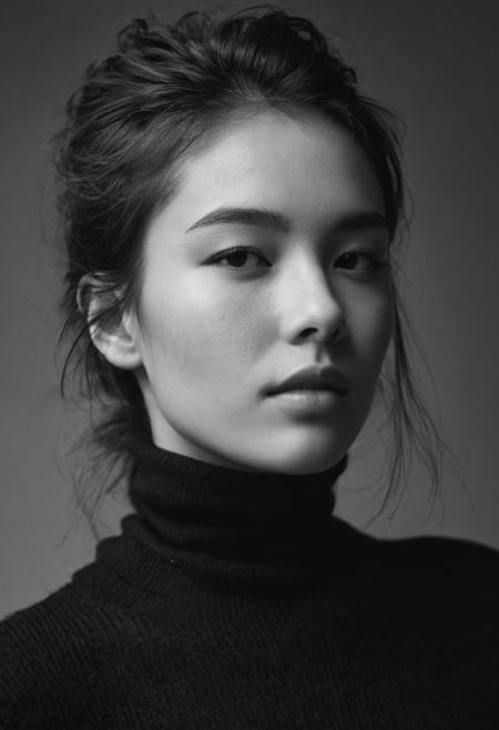 striking details, 3d depth, DOF, messy hair, low quality image, noise, grain, head tilted away, Ethereal Sunlit Monochrome: A high-contrast black-and-white portrait with natural sunlight streaming from above, illuminating a section of the face and making the skin glow. The subject wears a dark turtleneck, and hair partially obscures one eye. Use a Sony A7R IV with a 35mm f/1.4 lens for a crisp and dramatic effect.