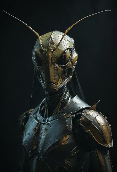 an European mantis in iron armour, black cape, studio background, high-contrast palette, subtle grain, cinematic quality, modern art photograph, looking at viewer