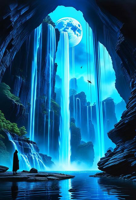 ((Photorealistic)). (Artistic perspective) 3 cloaked figures stand on a floating portal, irregular stone rings suspended above a futuristic city. (((the hovering rings in the sky are gushing waterfalls))), brush strokes and streaks of ink are visible, intense vibrant colors, stark contrasts,  liquid, unreal parts, alluring, fluid, perfection, two moons in the night sky, one is translucent. Intricate background, maximum detail, 4K, hyperrealistic. charcoals, watercolor and ink technique. Include deep rich dark blues, luminous neon highlights, ((Masterpiece)), (cinematic composition), resplendent lighting