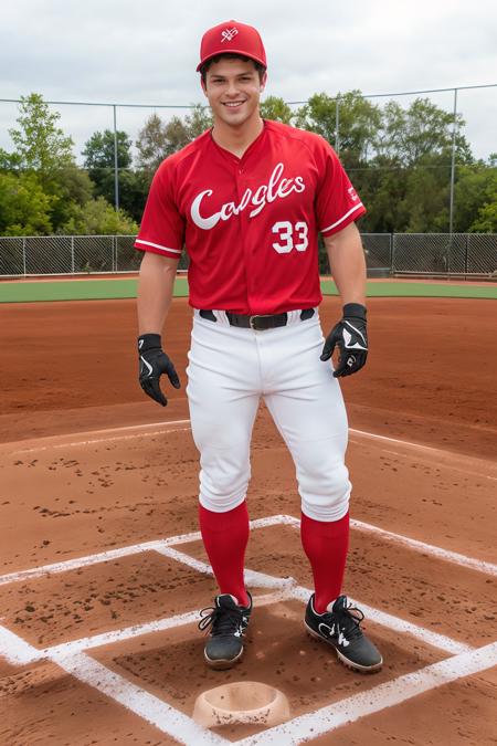 outdoors, ((baseball field)), standing at 3rd base, DevinFranco, baseballplayer, baseball uniform, red jersey, jersey number 7, (white pants), red socks, black sneakers, red baseball cap, glove, fielding position, smiling, (((full body portrait))), wide angle   <lora:Clothing - Sexy Baseball Player:0.6>  <lora:DevinFranco-000006:0.8>